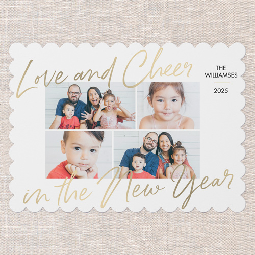 Cheerful New Year New Year's Card, White, 5x7 Flat, New Year, Pearl Shimmer Cardstock, Scallop