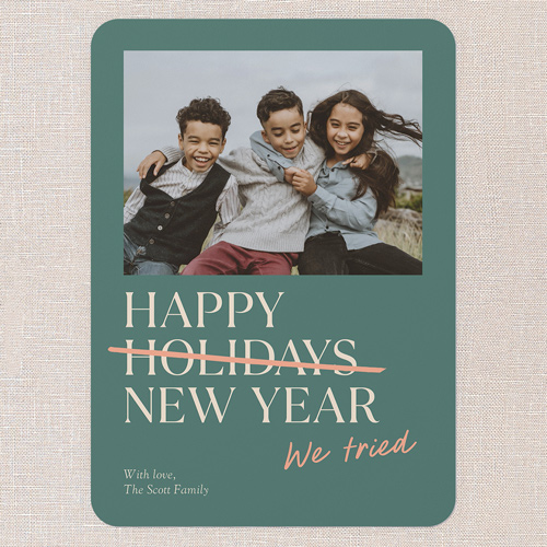 Delayed Delight New Year's Card, Green, 5x7 Flat, New Year, Pearl Shimmer Cardstock, Rounded