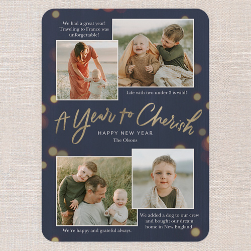 Cherished Bokeh Bliss New Year's Card, Blue, 5x7 Flat, New Year, Pearl Shimmer Cardstock, Rounded