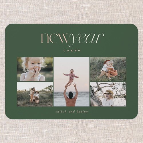Evergreen Chic New Year's Card, Green, 5x7 Flat, New Year, Pearl Shimmer Cardstock, Rounded, Evergreen