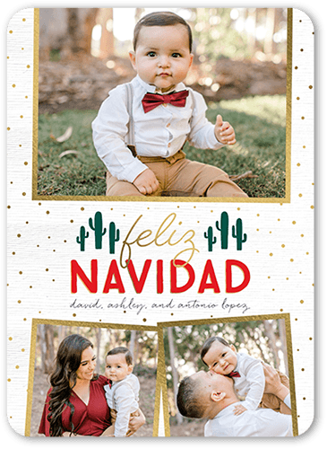 Speckled Succulent Tarjeta de Navidad, White, 5x7 Flat, Feliz Navidad, Pearl Shimmer Cardstock, Rounded