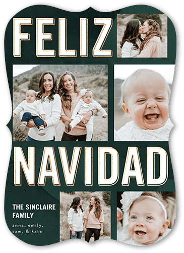 Bright Feliz Tarjeta de Navidad, Green, 5x7 Flat, Feliz Navidad, Pearl Shimmer Cardstock, Bracket