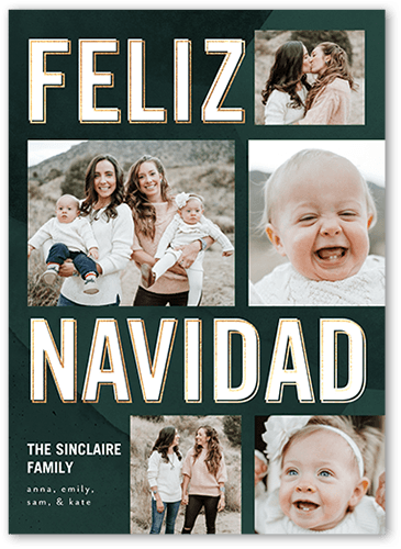 Bright Feliz Tarjeta de Navidad, Green, 5x7 Flat, Feliz Navidad, Pearl Shimmer Cardstock, Square