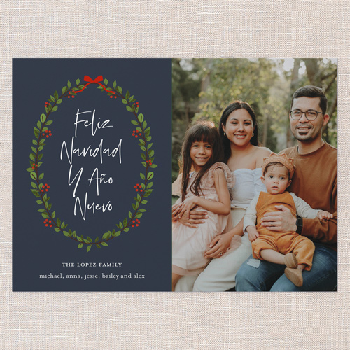 Lavish Wreath Tarjeta de Navidad, Blue, 5x7 Flat, Feliz Navidad, 100% Recycled Cardstock , Square, Nautical