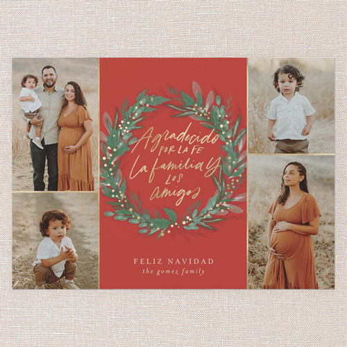 Wonderous Wreath Tarjeta de Navidad, Red, 5x7 Flat, Feliz Navidad, Luxe Double-Thick Cardstock, Square, Cinnamon