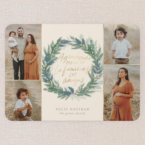 Wonderous Wreath Tarjeta de Navidad, Beige, 5x7 Flat, Feliz Navidad, Pearl Shimmer Cardstock, Rounded, Cream