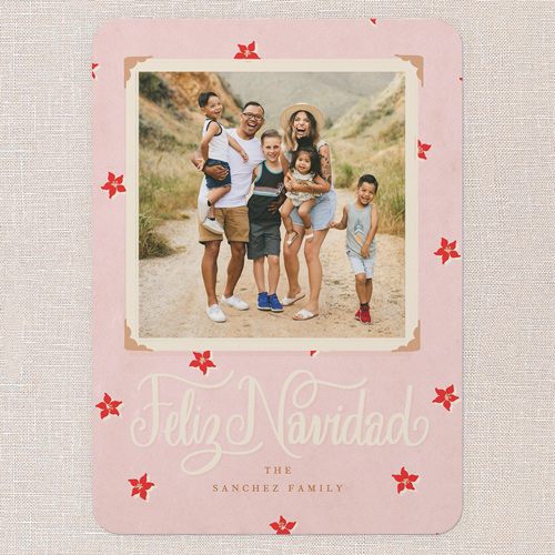 Festive Poinsettia Tarjeta de Navidad, Pink, 5x7 Flat, Feliz Navidad, Pearl Shimmer Cardstock, Rounded, Ballet