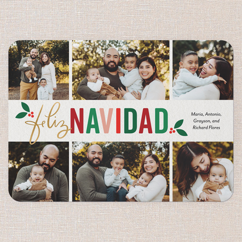 Holly Block Tarjeta de Navidad, White, 5x7 Flat, Feliz Navidad, Matte, Signature Smooth Cardstock, Rounded, White