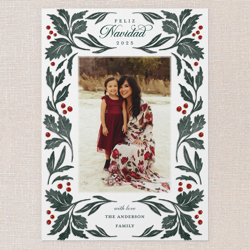 Leafy Embrace Tarjeta de Navidad, White, 5x7 Flat, Feliz Navidad, Pearl Shimmer Cardstock, Square, White