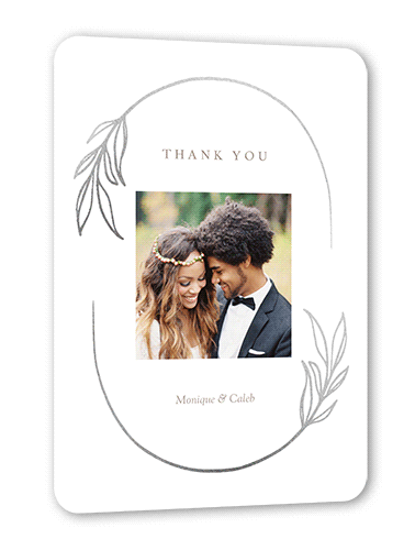 Ornate Oval Thank You Card, White, Silver Foil, 5x7 Flat, Matte, Signature Smooth Cardstock, Rounded