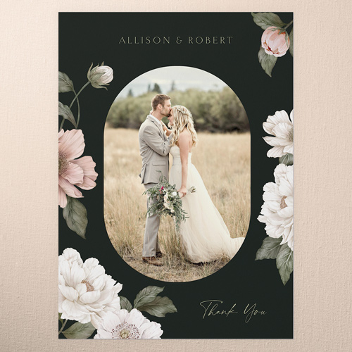 Peaceful Flowers Wedding Thank You Card, Black, 5x7 Flat, Pearl Shimmer Cardstock, Square, Black