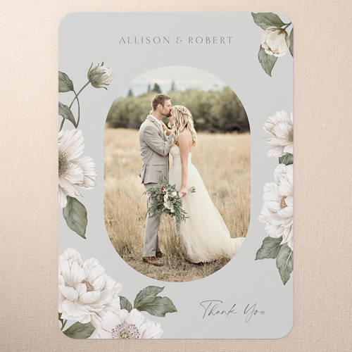Peaceful Flowers Wedding Thank You Card, Grey, 5x7 Flat, Pearl Shimmer Cardstock, Rounded, Silver