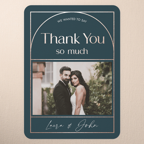 Geometric Impression Wedding Thank You Card, Blue, Rose Gold Foil, 5x7 Flat, Pearl Shimmer Cardstock, Rounded, Seabrook