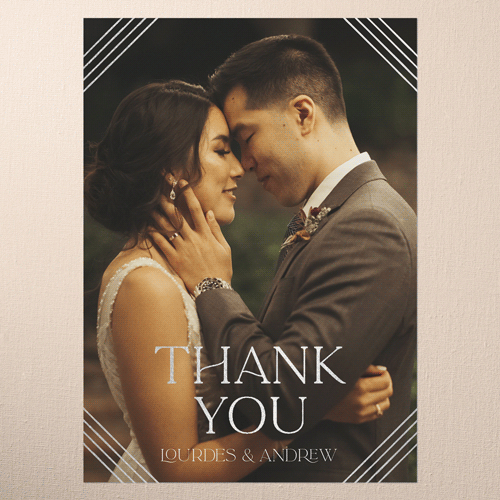 Diamond Deco Wedding Thank You Card, Green, Silver Foil, 5x7 Flat, Pearl Shimmer Cardstock, Square, Green
