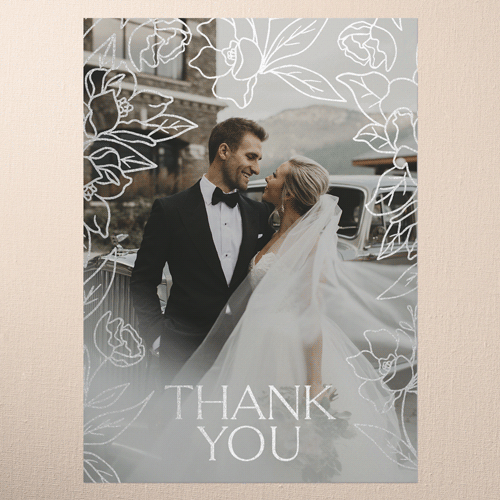 Floral Fantasy Wedding Thank You Card, Beige, Silver Foil, 5x7 Flat, Matte, Signature Smooth Cardstock, Square