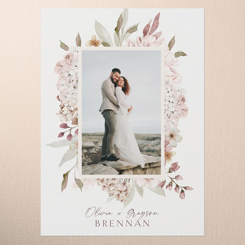 Hydrangea Highlight Wedding Thank You Card, Pink, 5x7 Flat, Pearl Shimmer Cardstock, Square, Blush