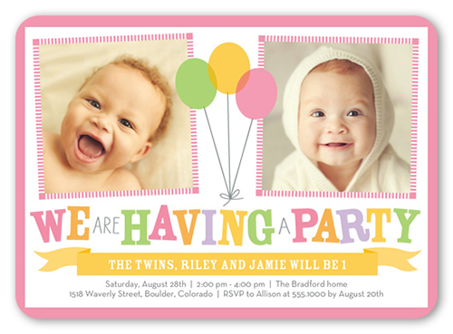 Bright Balloons Twin Birthday Invitation, Pink, Standard Smooth Cardstock, Rounded
