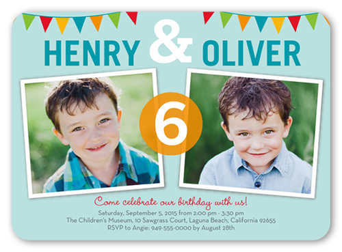Bunting Abound Twin Birthday Invitation, Blue, Matte, Signature Smooth Cardstock, Rounded