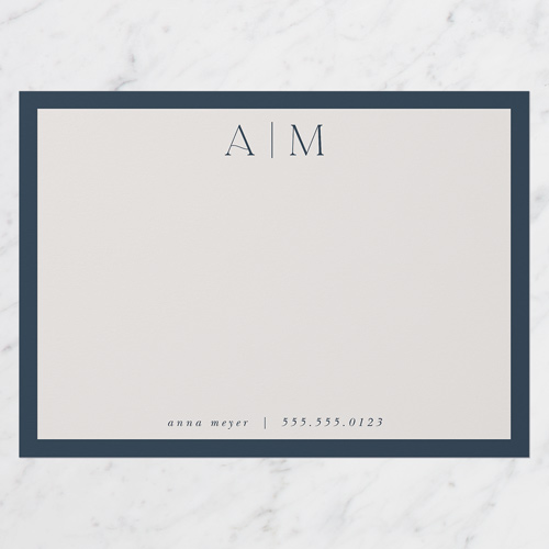 Well Made Monogram Personal Stationery, Blue, 5x7 Flat, Pearl Shimmer Cardstock, Square