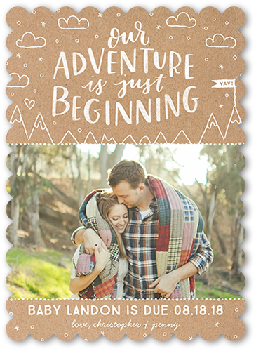 Adventure Begins Pregnancy Announcement, Beige, Matte, Signature Smooth Cardstock, Scallop
