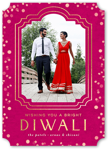 Ornamented Frame Diwali Card, Pink, 5x7 Flat, Pearl Shimmer Cardstock, Ticket