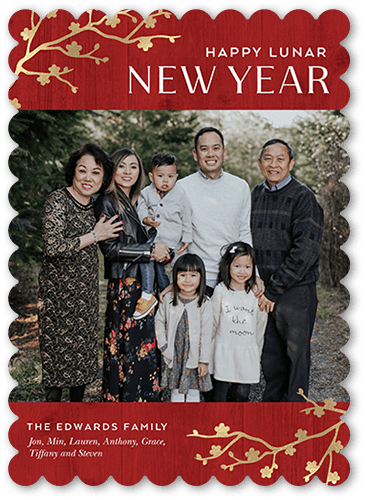 Blossoms Corner Lunar New Year Card, Red, 5x7 Flat, Pearl Shimmer Cardstock, Scallop