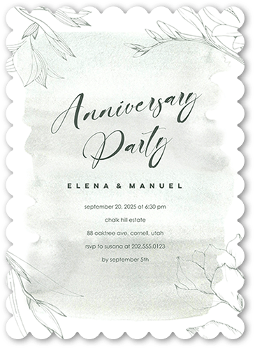 Blossoming Outline Wedding Anniversary Invitation, Green, 5x7, Pearl Shimmer Cardstock, Scallop