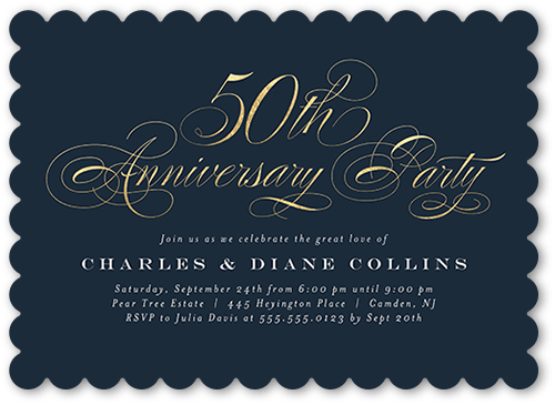 Fancy Fifty Wedding Anniversary Invitation, Blue, 5x7 Flat, Pearl Shimmer Cardstock, Scallop