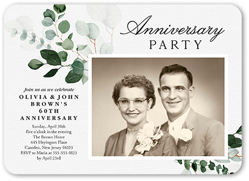Botanical Balance Wedding Anniversary Invitation, White, 5x7 Flat, Pearl Shimmer Cardstock, Rounded