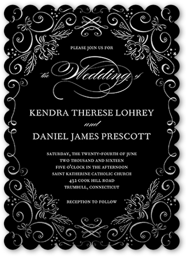 Whimsical Scrolls Wedding Invitation, Black, White, Pearl Shimmer Cardstock, Scallop
