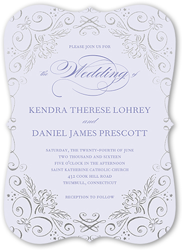 Whimsical Scrolls Wedding Invitation, Purple, Pearl Shimmer Cardstock, Bracket