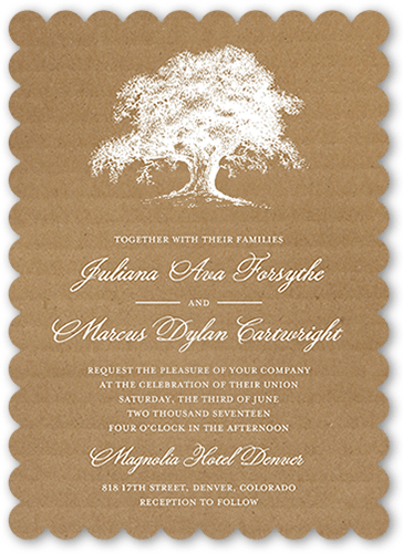 Rustic Statement Wedding Invitation, Brown, White, Pearl Shimmer Cardstock, Scallop