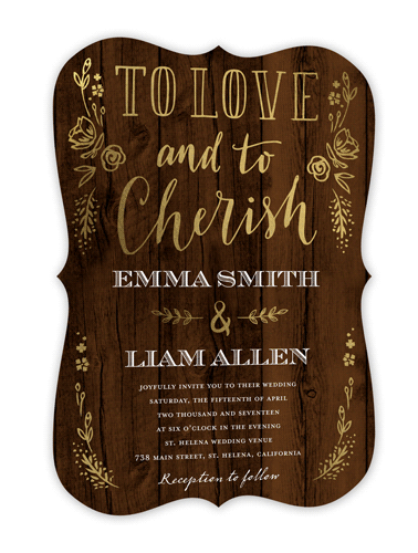 Love And Cherish Wedding Invitation, Gold Foil, Pearl Shimmer Cardstock, Bracket