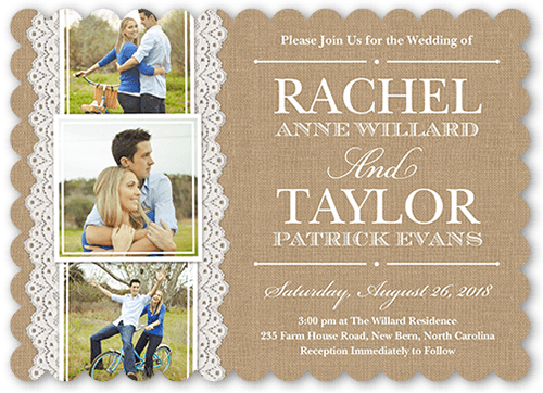 Burlap And Lace Wedding Invitation, Beige, Pearl Shimmer Cardstock, Scallop