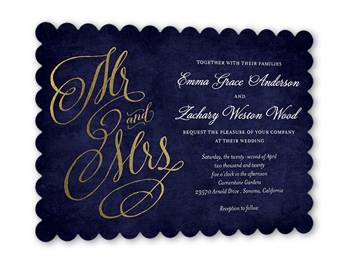Spectacular Swirls Wedding Invitation, Gold Foil, Blue, 5x7 Flat, Matte, Signature Smooth Cardstock, Scallop