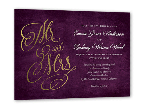 Spectacular Swirls Wedding Invitation, Purple, Gold Foil, 5x7 Flat, Matte, Signature Smooth Cardstock, Square