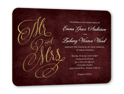 Spectacular Swirls Wedding Invitation, Red, Gold Foil, 5x7, Pearl Shimmer Cardstock, Rounded