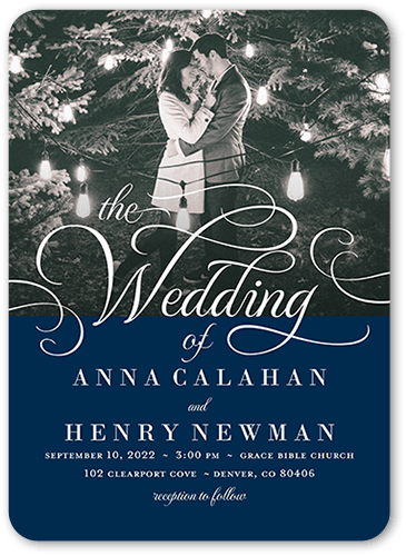 Classic Calligraphy Wedding Invitation, Blue, 5x7 Flat, Matte, Signature Smooth Cardstock, Rounded