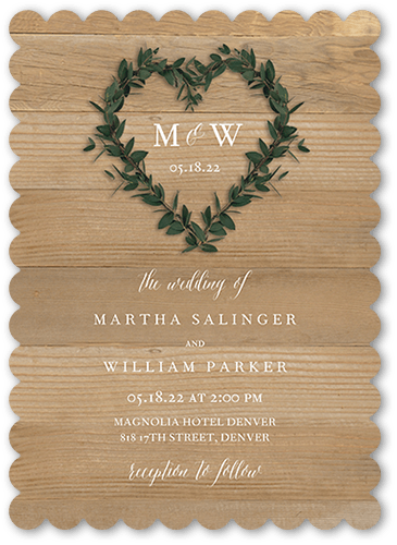 Heart Wreath Wedding Invitation, Beige, 5x7 Flat, Pearl Shimmer Cardstock, Scallop