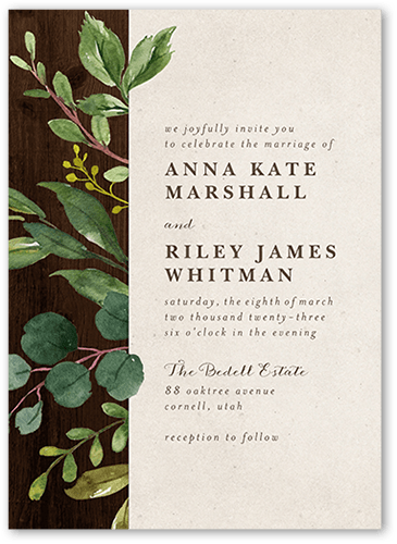 Woodgrain Floral Wedding Invitation, Brown, 5x7 Flat, 100% Recycled Cardstock , Square