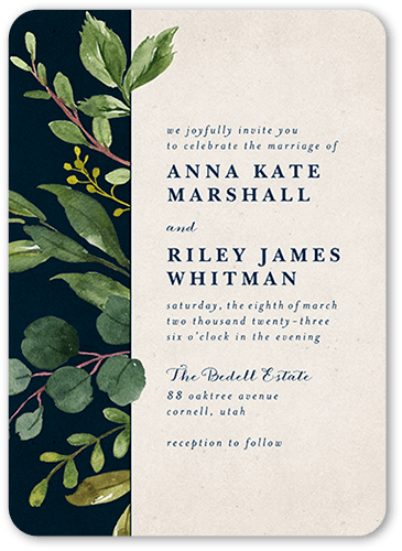 Woodgrain Floral Wedding Invitation, Blue, 5x7 Flat, 100% Recycled Cardstock , Rounded