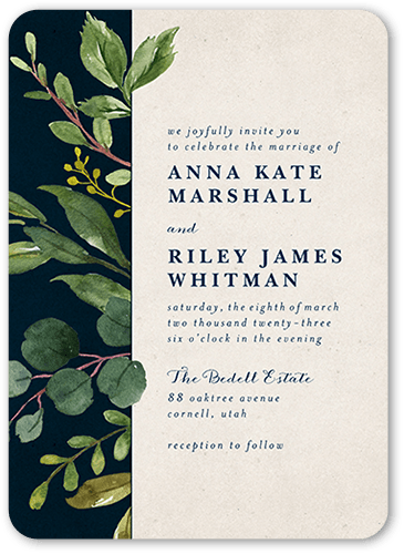 Woodgrain Floral Wedding Invitation, Blue, 5x7 Flat, Standard Smooth Cardstock, Rounded