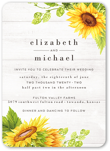 Bright Sunflower Wedding Invitation, White, 5x7 Flat, Standard Smooth Cardstock, Rounded