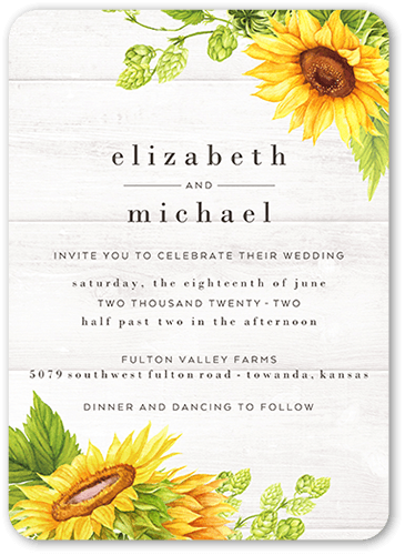 Bright Sunflower Wedding Invitation, White, 5x7 Flat, Matte, Signature Smooth Cardstock, Rounded