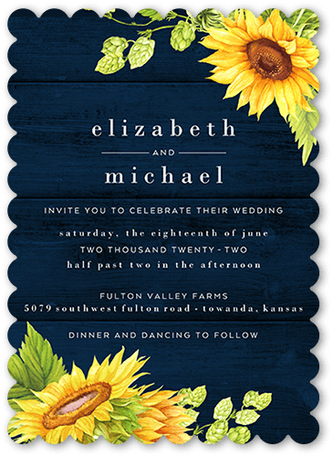 Bright Sunflower Wedding Invitation, Blue, 5x7, Matte, Signature Smooth Cardstock, Scallop
