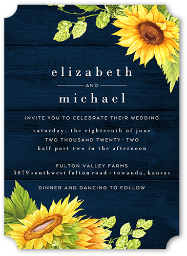 Bright Sunflower Wedding Invitation, Blue, 5x7 Flat, Pearl Shimmer Cardstock, Ticket