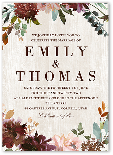 Muted Floral Wedding Invitation, Red, 5x7, Pearl Shimmer Cardstock, Square
