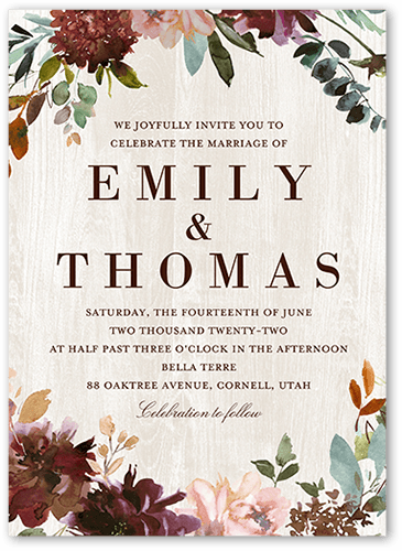 Muted Floral Wedding Invitation, Red, 5x7 Flat, Pearl Shimmer Cardstock, Square