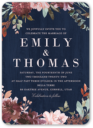 Muted Floral Wedding Invitation, Blue, 5x7 Flat, Pearl Shimmer Cardstock, Rounded