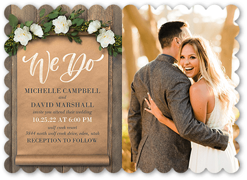 Rustic Scroll Wedding Invitation, Brown, 5x7, Pearl Shimmer Cardstock, Scallop
